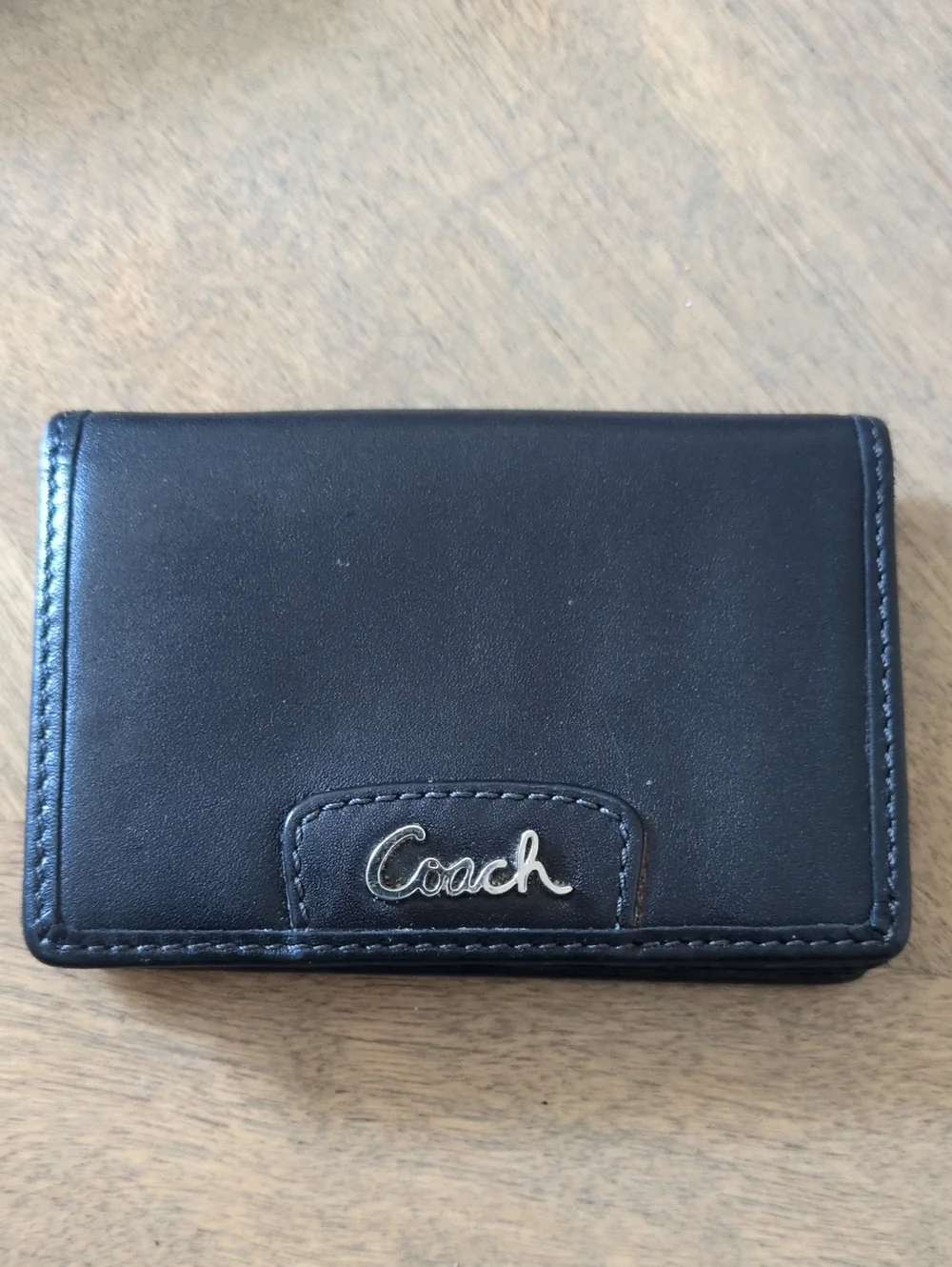 Coach Black Leather Card Holder with Signature Script Logo